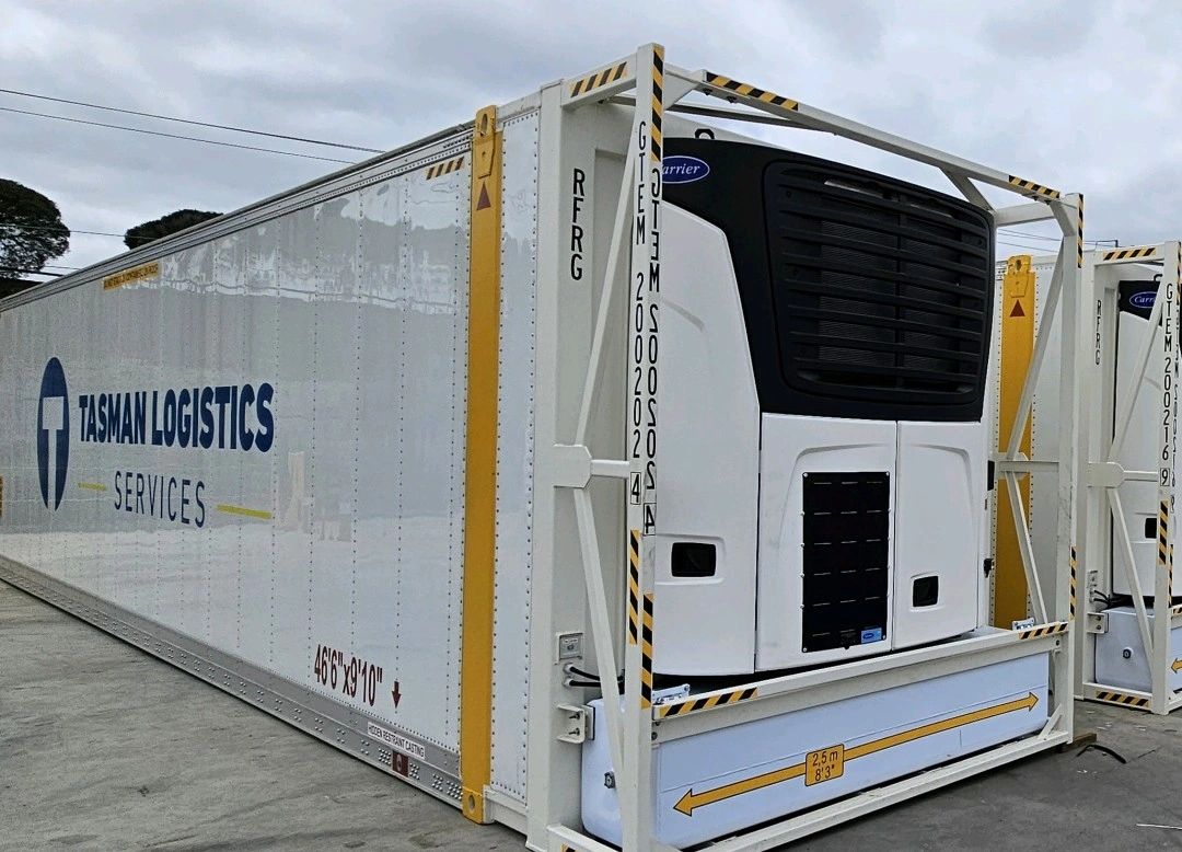 Large white container with yellow stripe | Road Transport | Tasman Logistics Services